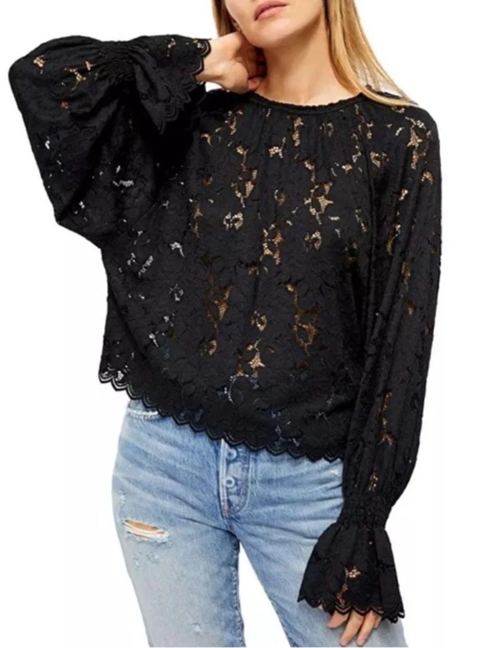 Free People Olivia Black Lace Balloon Sleeve Top Boho Witchy Fairy Whimsigoth S